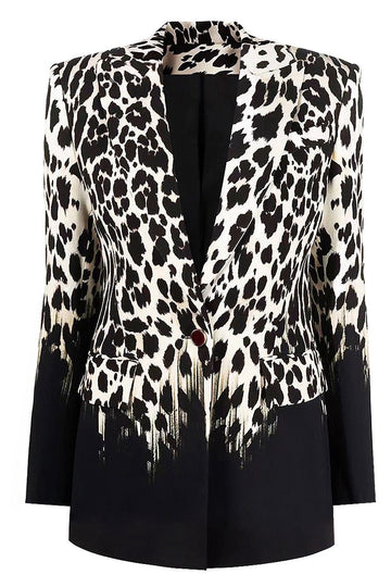 Sort Leopard Print Satin Peak revers Kvinder Prom Blazer